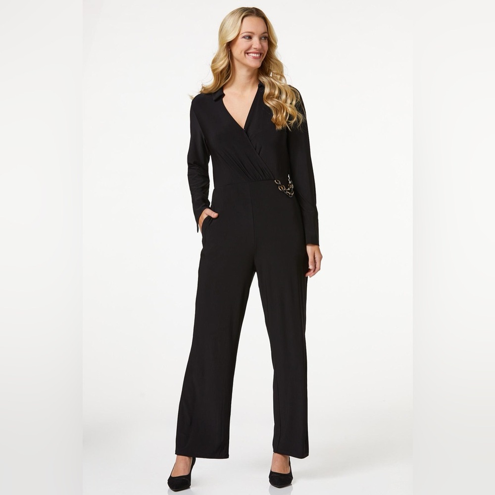 Cato Womens Black Chain Link Long Sleeve Jumpsuit Size M